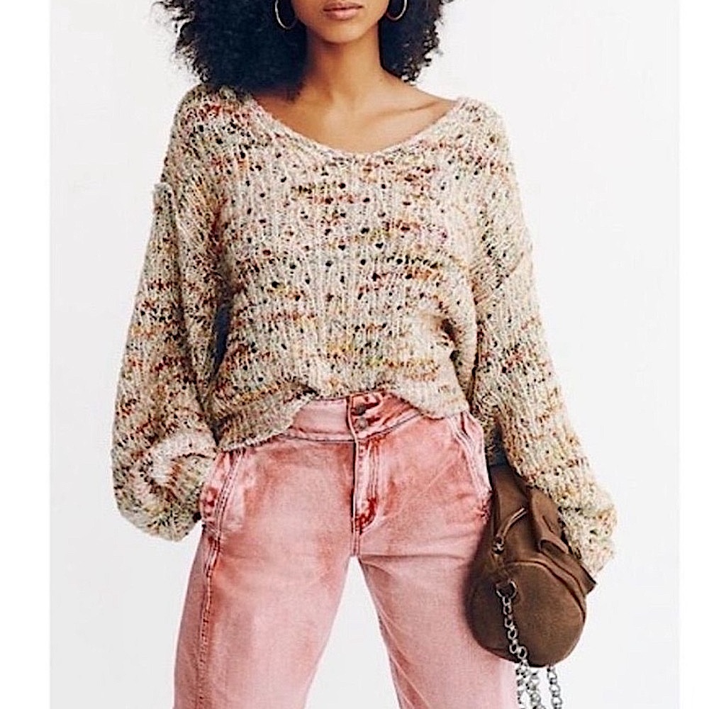 Free People Speckled Cream V-Neck Sweater